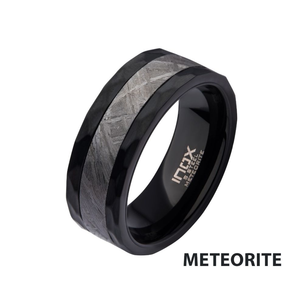 4mm Meteorite Inlay Black IP Hammered Ring