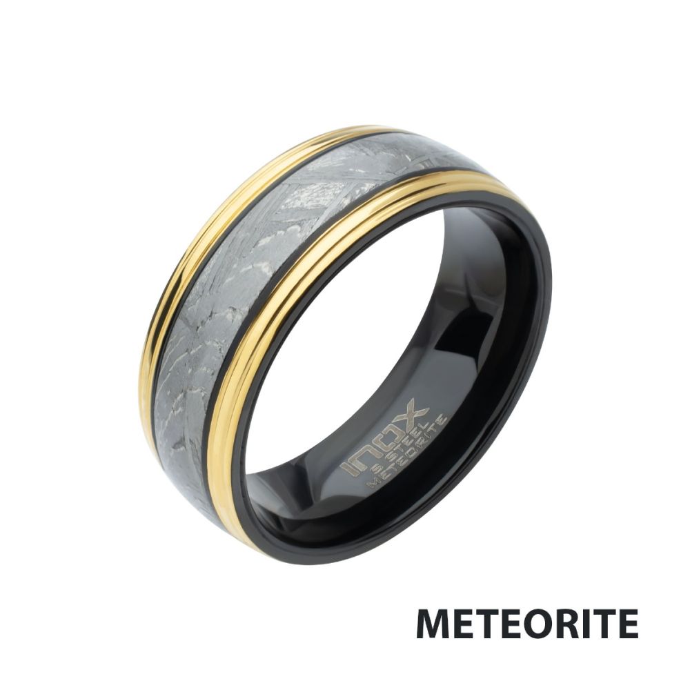 18Kt Gold IP Steel Edge Black IP Meteorite Ring