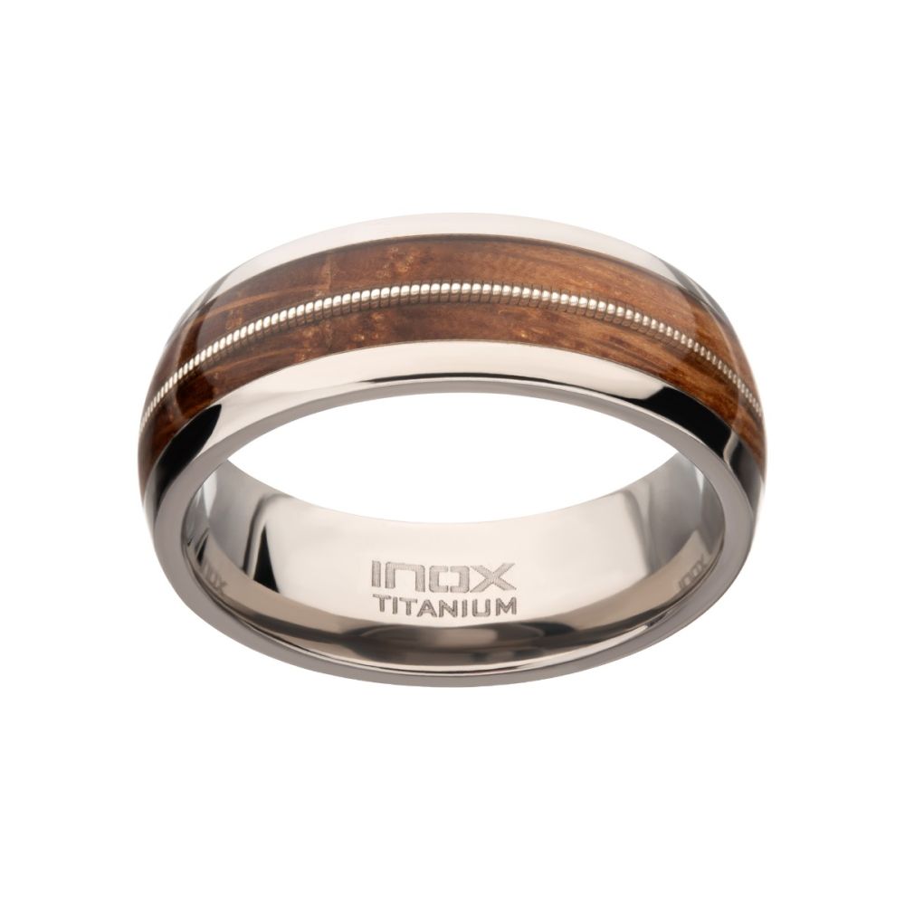 Titanium & Whiskey Barrel Wood Inlay with Embedded Guitar String Comfort Fit Ring