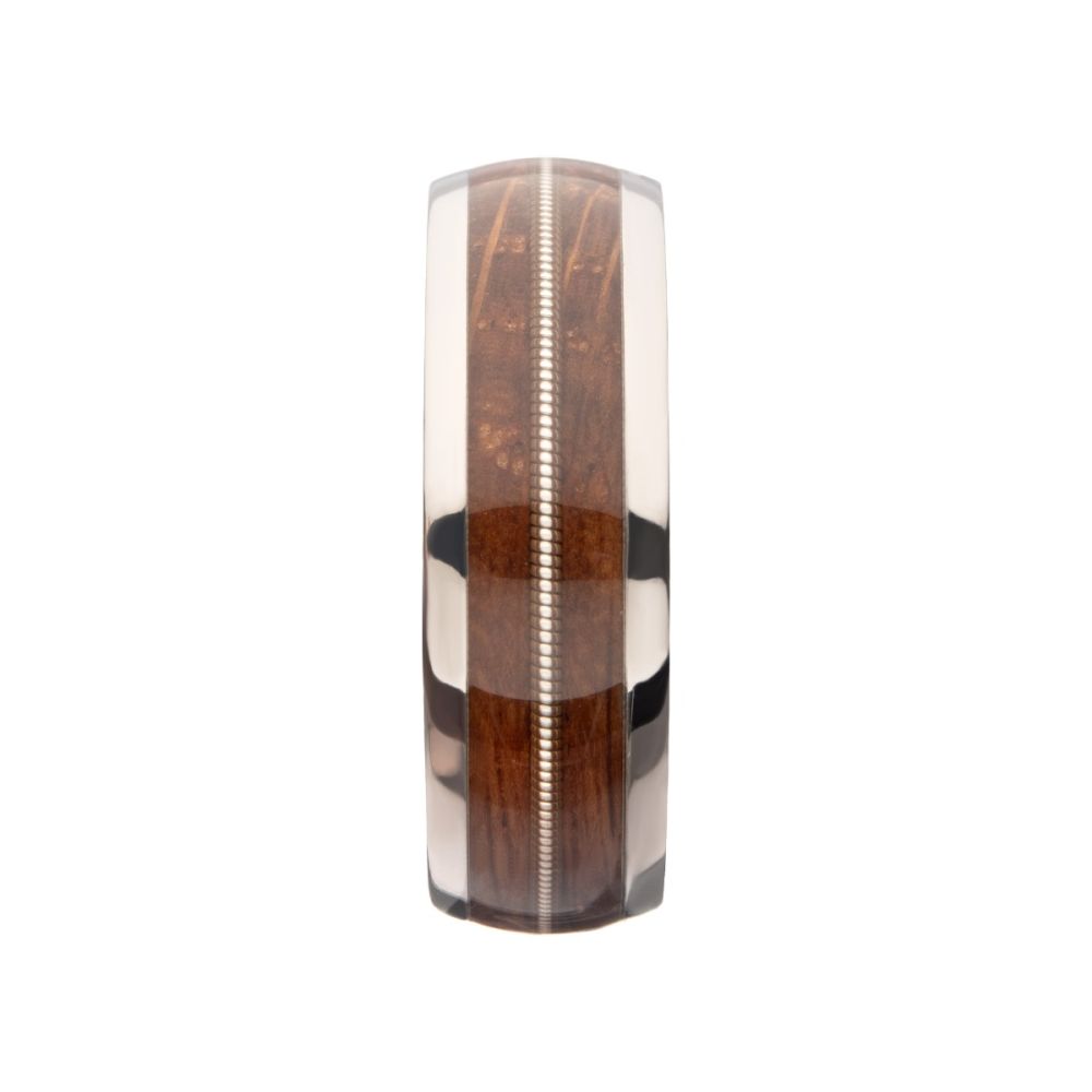 Titanium & Whiskey Barrel Wood Inlay with Embedded Guitar String Comfort Fit Ring