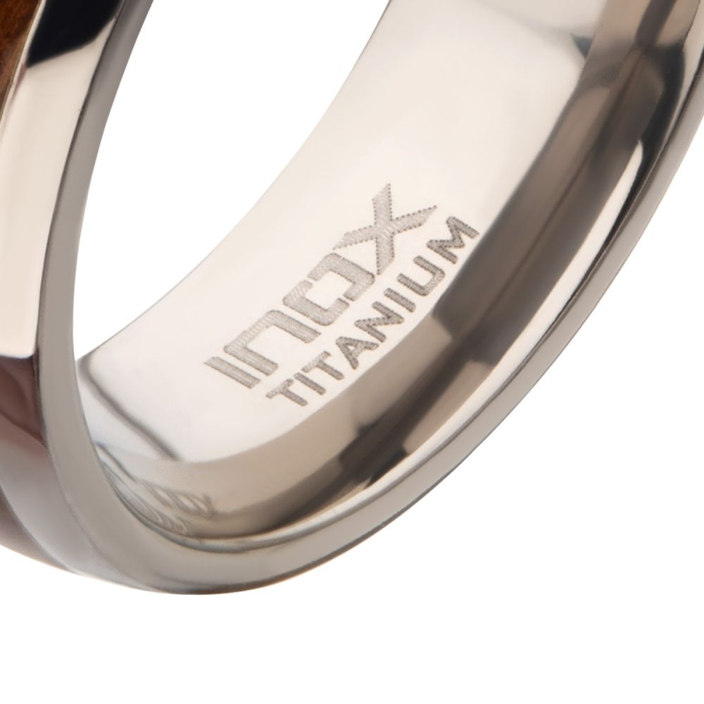 Titanium & Whiskey Barrel Wood Inlay with Embedded Guitar String Comfort Fit Ring