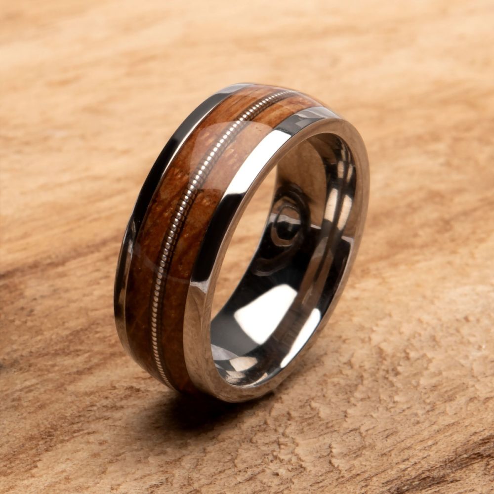 8mm Clear Resin & Whiskey Barrel Wood Inlay Titanium Comfort Fit Ring Sale