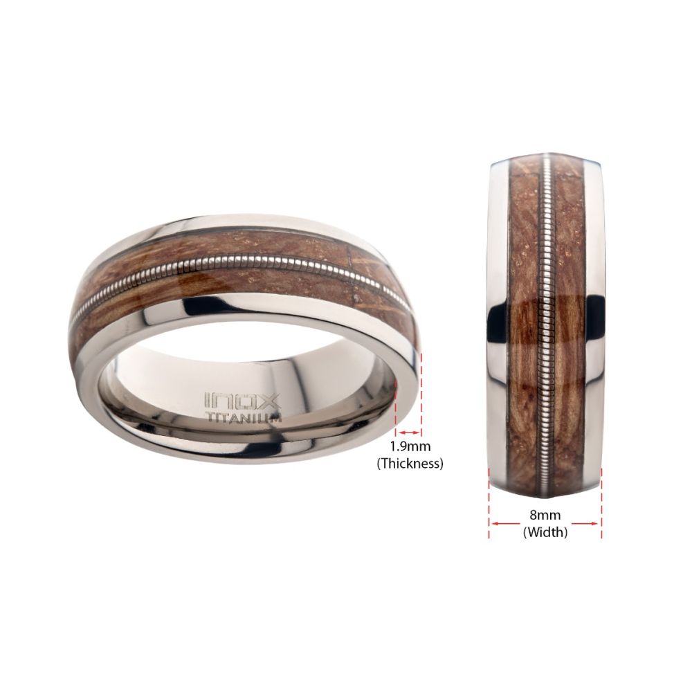 Titanium & Whiskey Barrel Wood Inlay with Embedded Guitar String Comfort Fit Ring