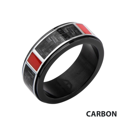 Polished Finish Black IP with a dash of red Carbon Fiber Weave Pattern Ring Sale