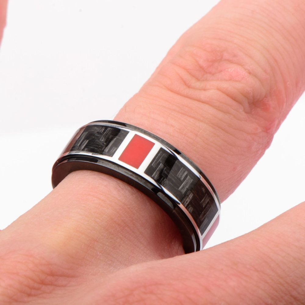 Polished Finish Black IP with a dash of red Carbon Fiber Weave Pattern Ring Sale