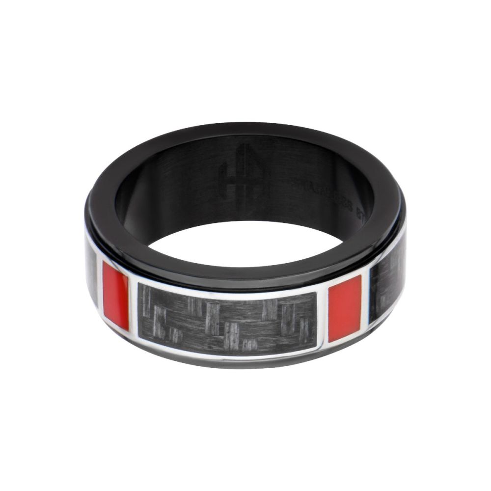 Polished Finish Black IP with a dash of red Carbon Fiber Weave Pattern Ring Sale