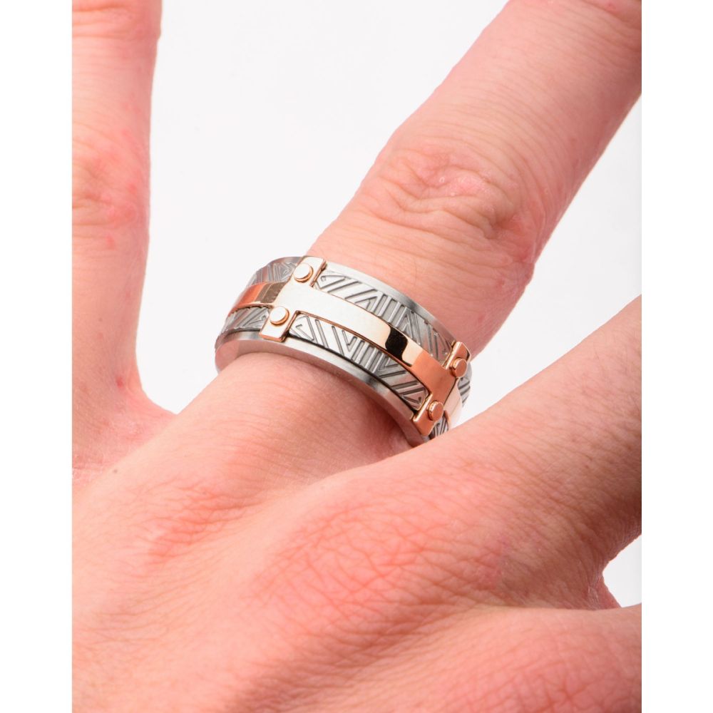 Rose Gold IP Bar Accent with Gray Steel Labyrintine Coin Stamped Pattern Ring Sale