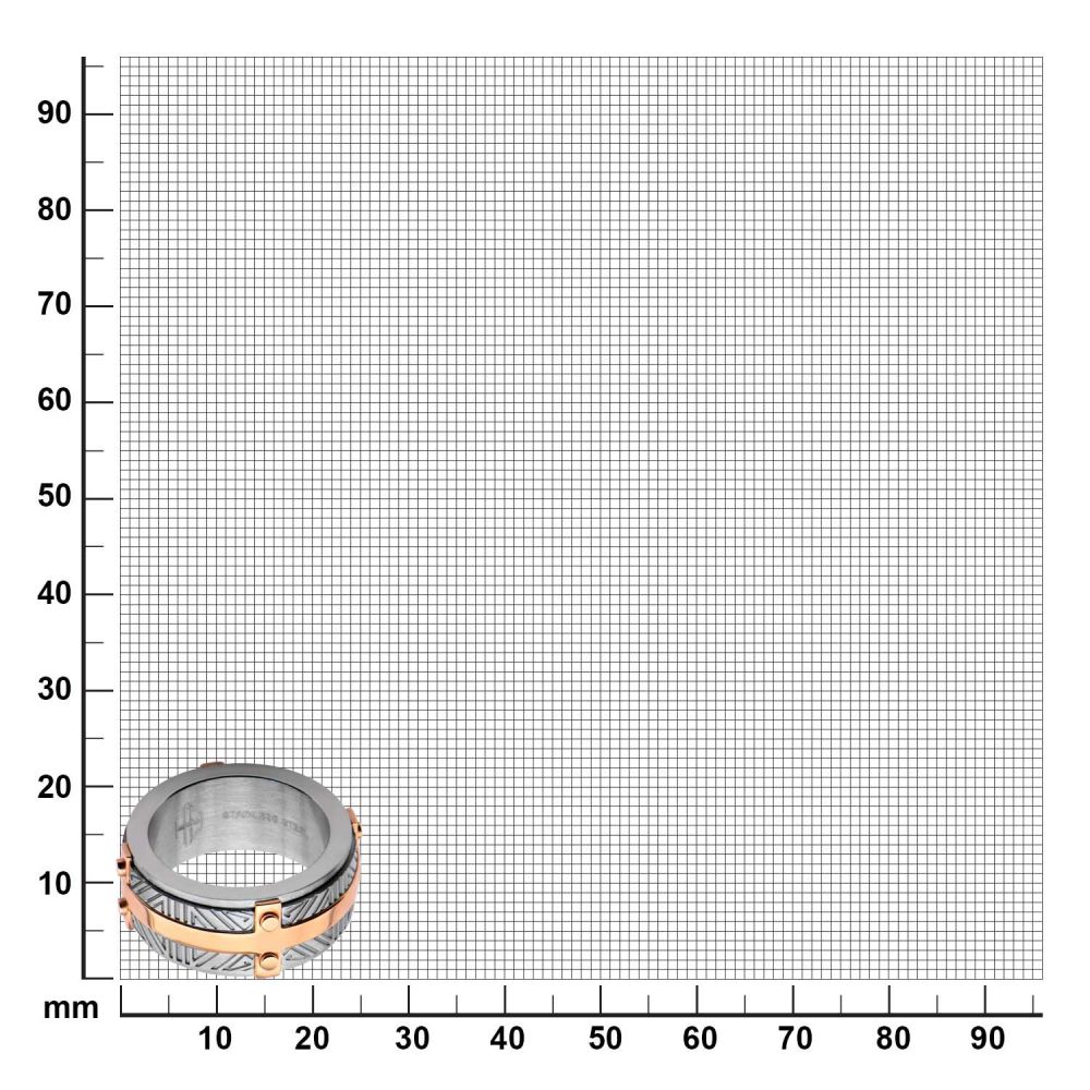 Rose Gold IP Bar Accent with Gray Steel Labyrintine Coin Stamped Pattern Ring Sale