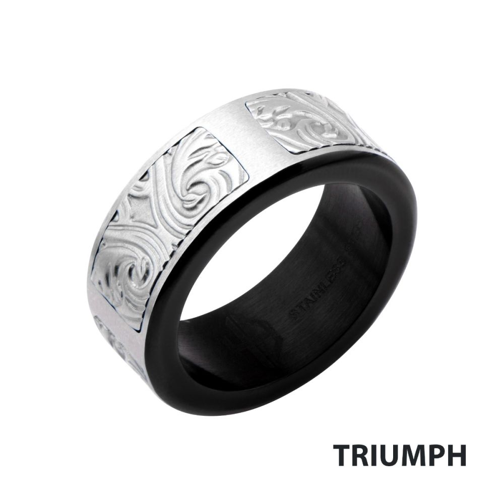 Black IP Steel Scroll Pattern Ring Sale