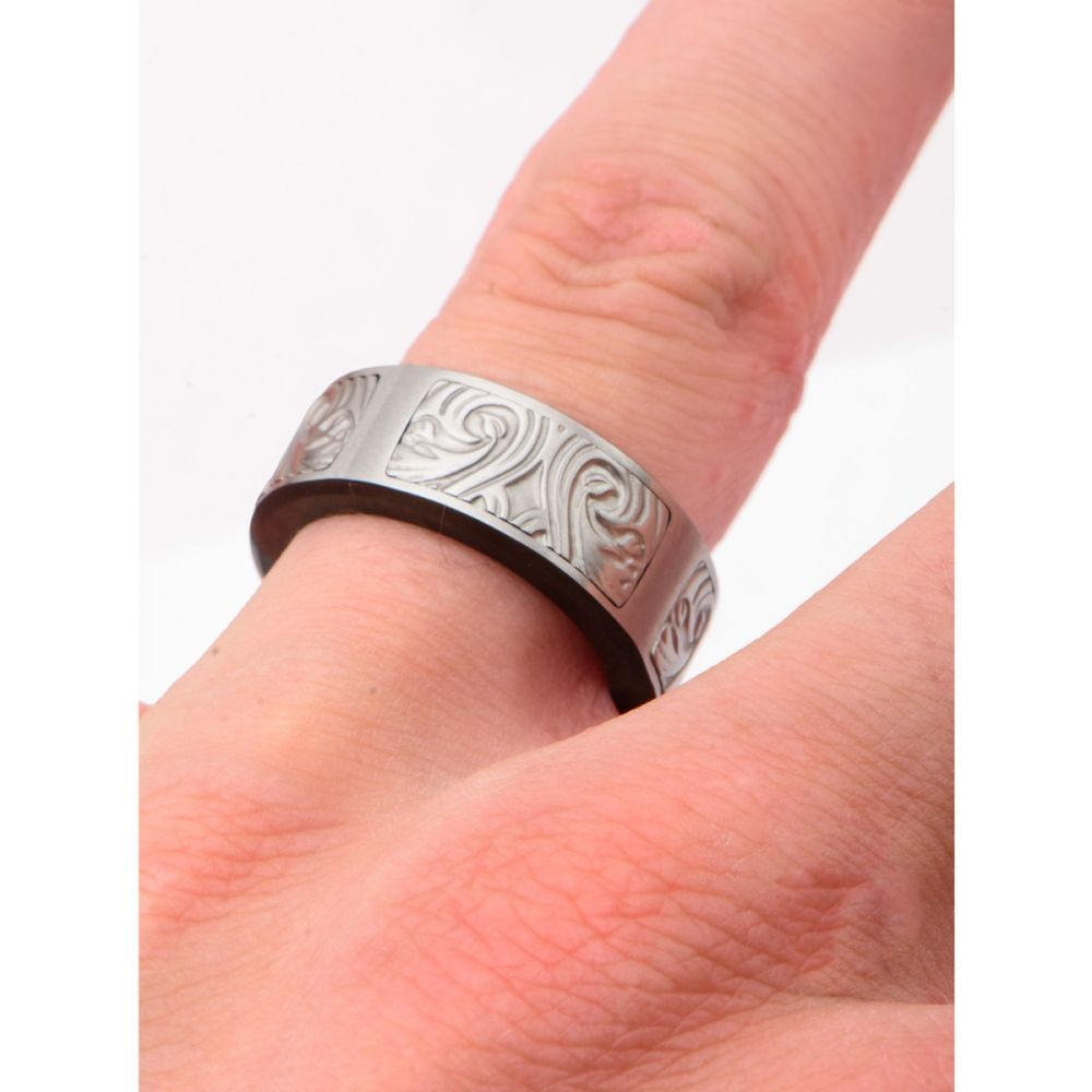 Black IP Steel Scroll Pattern Ring Sale