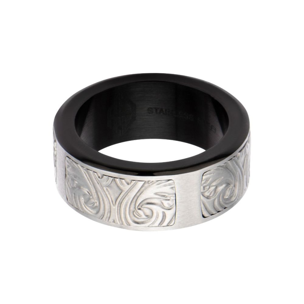 Black IP Steel Scroll Pattern Ring Sale