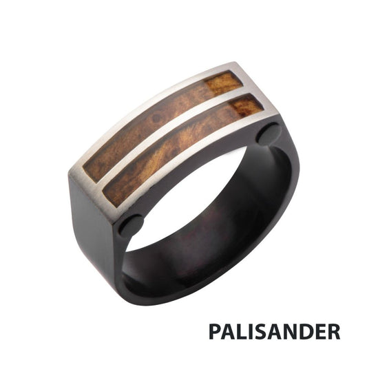 Polished Finish Black IP with Brazilian Palisander Rose Wood Accent Ring