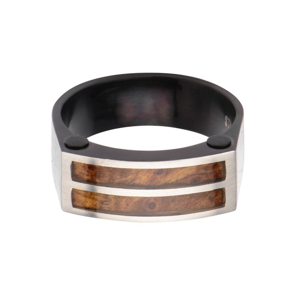 Polished Finish Black IP with Brazilian Palisander Rose Wood Accent Ring