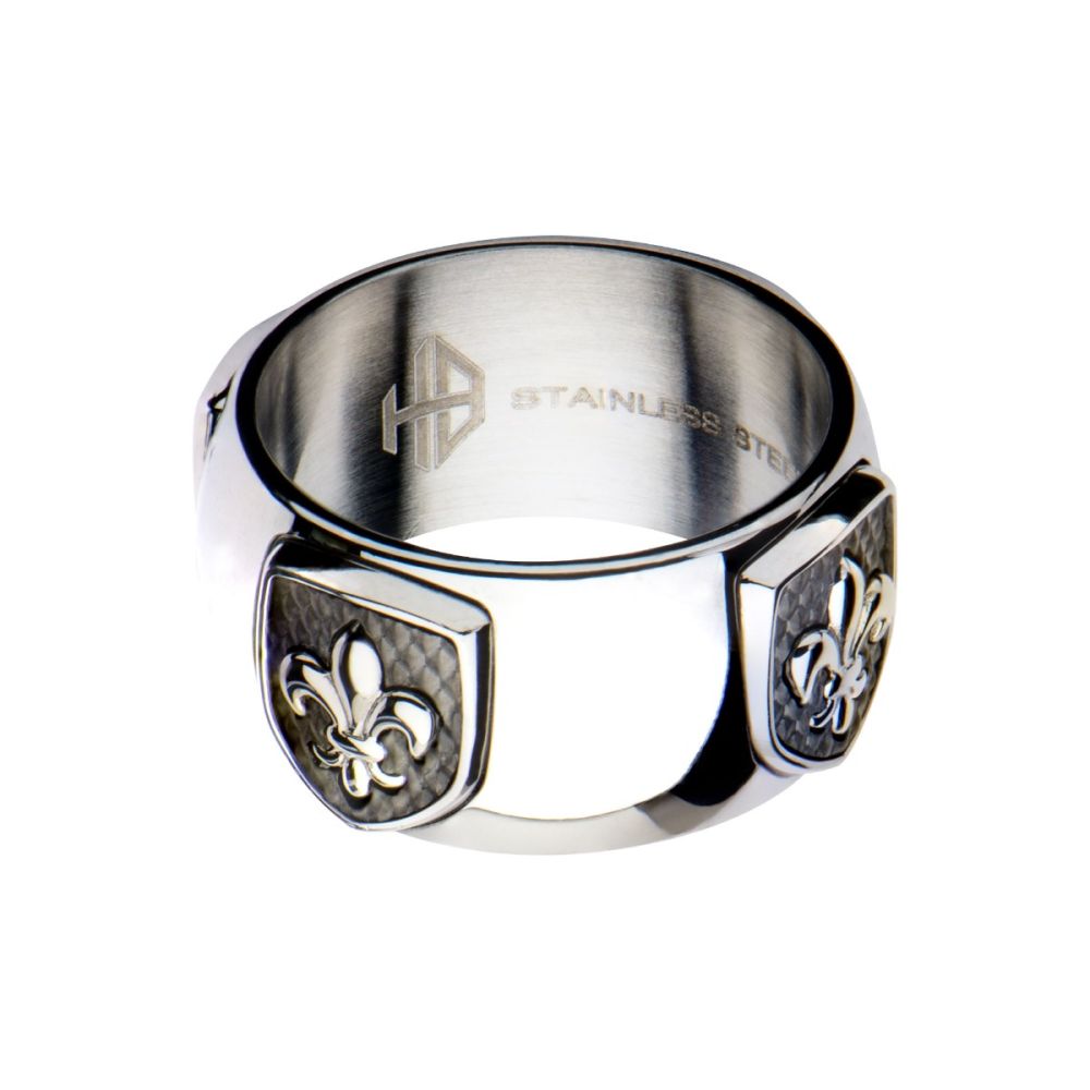 Polished Steel Finish Fleur de Lis Accent Mounted on a Brushed Gun Metal IP Ring