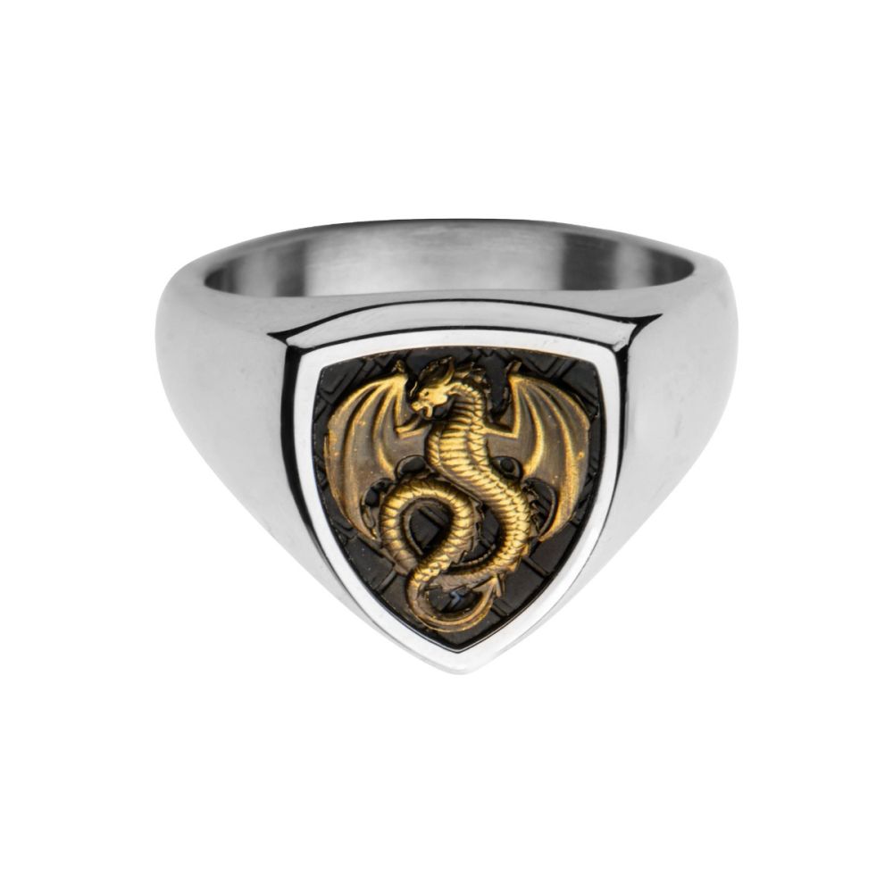 Polished Steel Frame with Black IP Pattern Antique Stamped Brass Dragon Ring