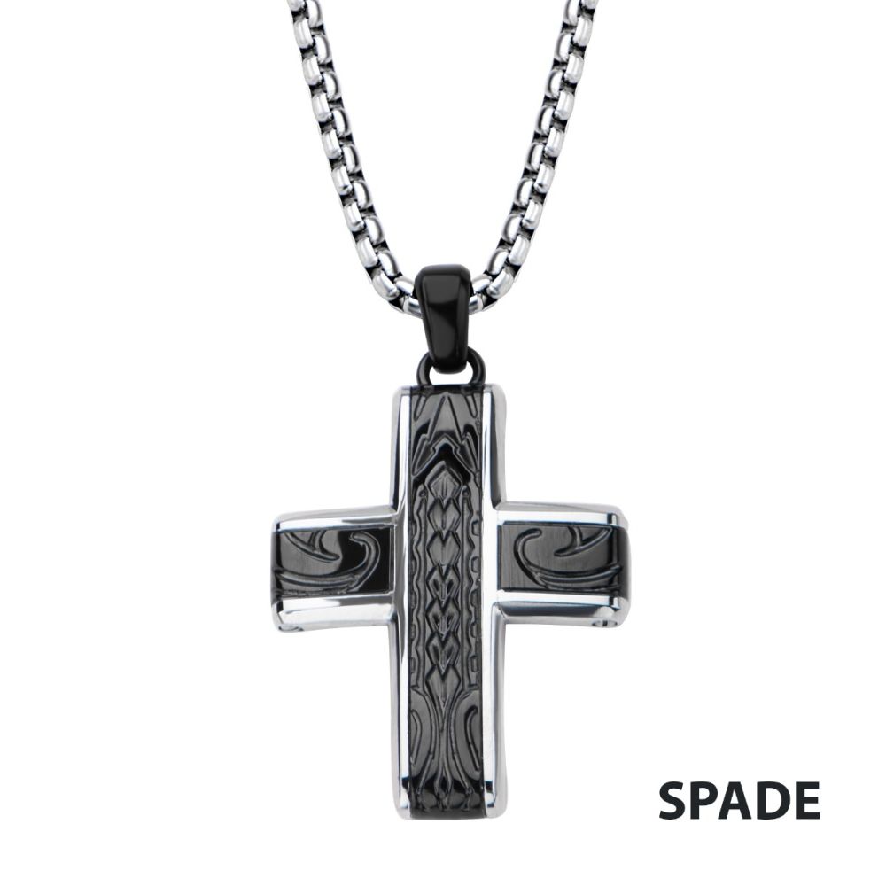 Black IP Embossed Coin Stamped Pattern Pendant with Steel Box Chain