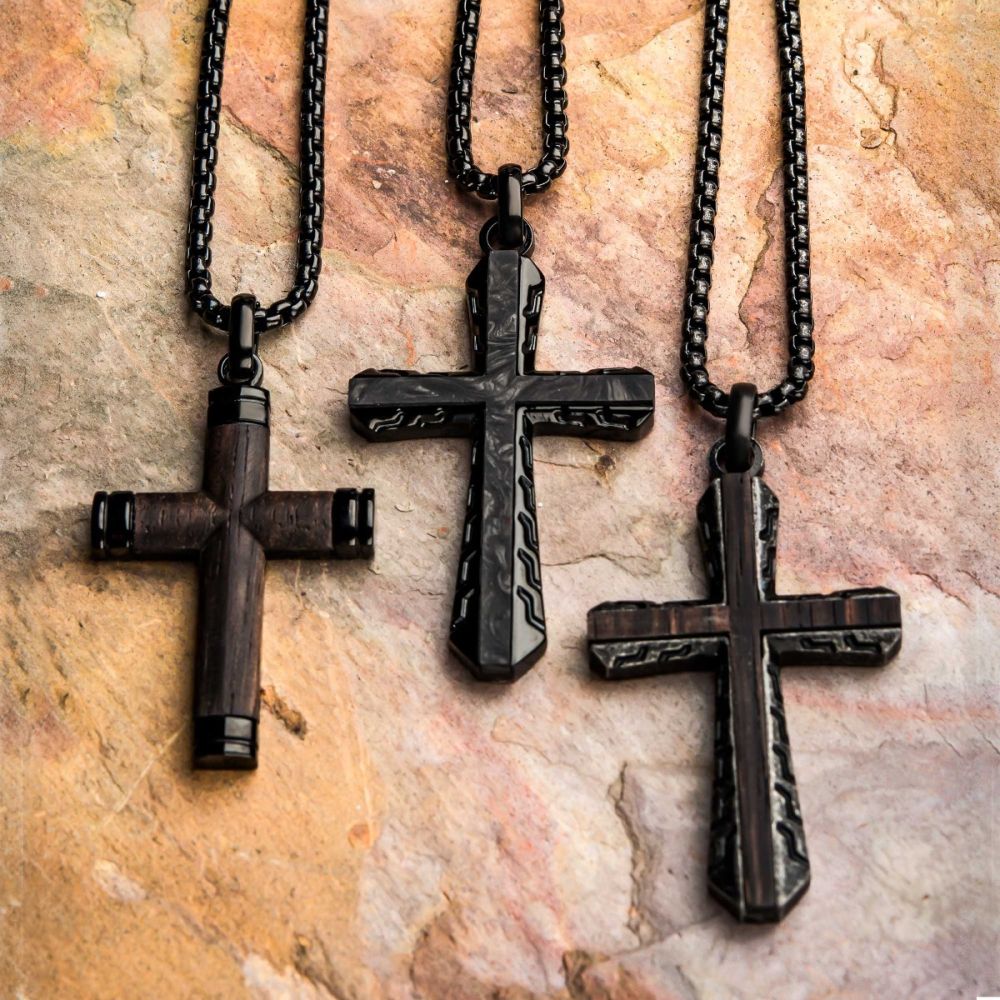 Black IP Genuine Ebony Wood Inlayed Cross Pendant