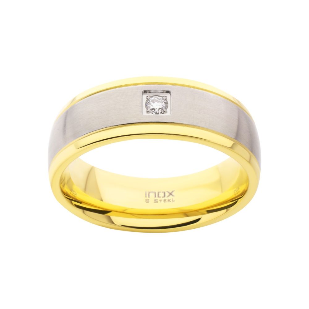 18Kt Gold IP Steel Two Tone Solitaire Accented Clear Lab-Grown Diamond Comfort Fit Ring