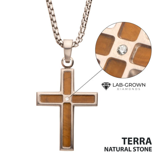 Matte Finish Stainless Steel Tiger Eye Stone Inlay with Lab-Grown Diamond Cross Pendant