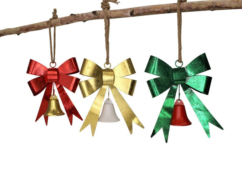 Metal Bow w Bell Ornament, Glitter Finish - 6.5x2.5x8"