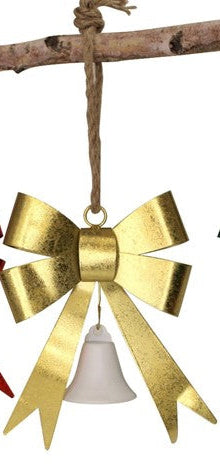 Metal Bow w Bell Ornament, Glitter Finish - 6.5x2.5x8"