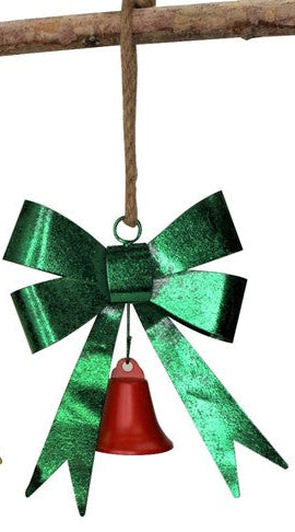 Metal Bow w Bell Ornament, Glitter Finish - 6.5x2.5x8"
