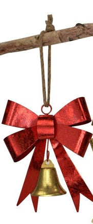 Metal Bow w Bell Ornament, Glitter Finish - 6.5x2.5x8"