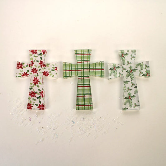 Cutout Acrylic Cross, Red & Green Patterns - 2x.5x3"