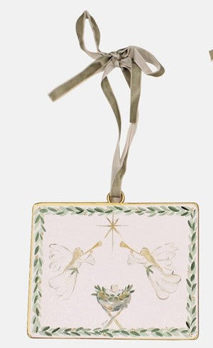 Metal Disc Ornament, Manger w Greenery, Glitter Finish - 4x6"