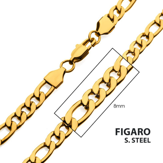 8mm 18Kt Gold IP Figaro Chain Necklace