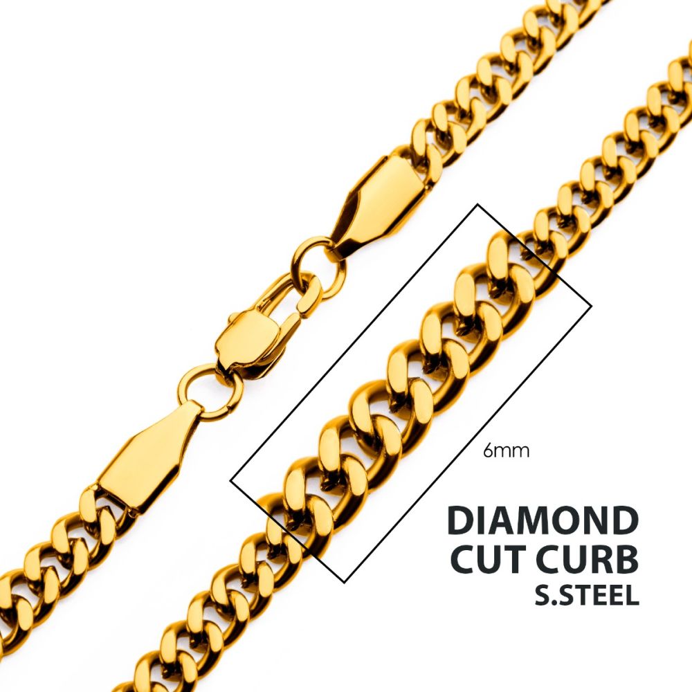 6mm 18Kt Gold IP Diamond Cut Curb Chain Necklace