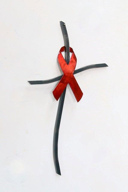 16" Red Ribbon and Vine Cross