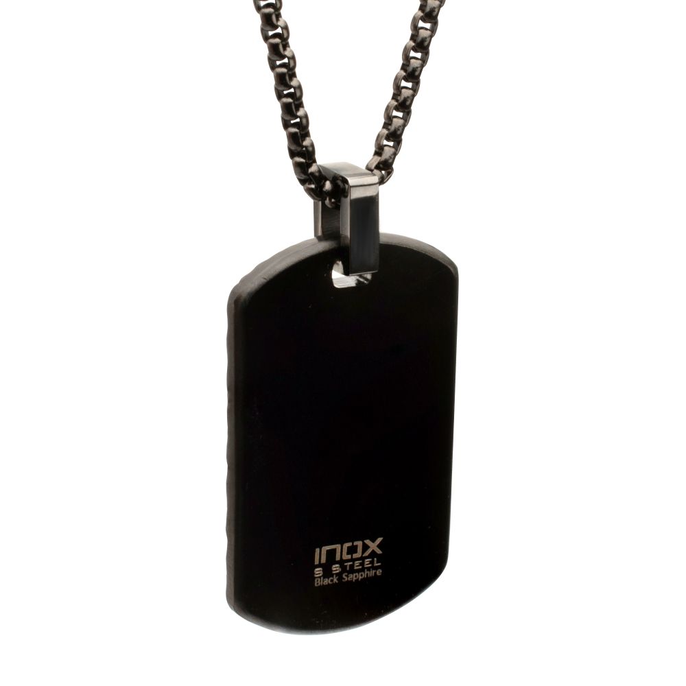 Gun Metal IP Steel Chiseled Dog Tag Pendant with Black Sapphire & Black Bail
