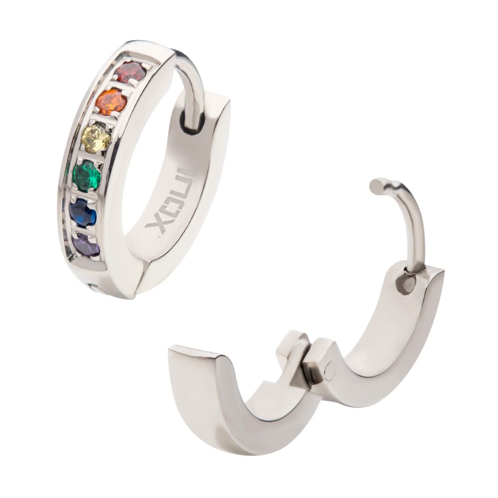 Prong Set Rainbow Round CZ Huggie Earrings