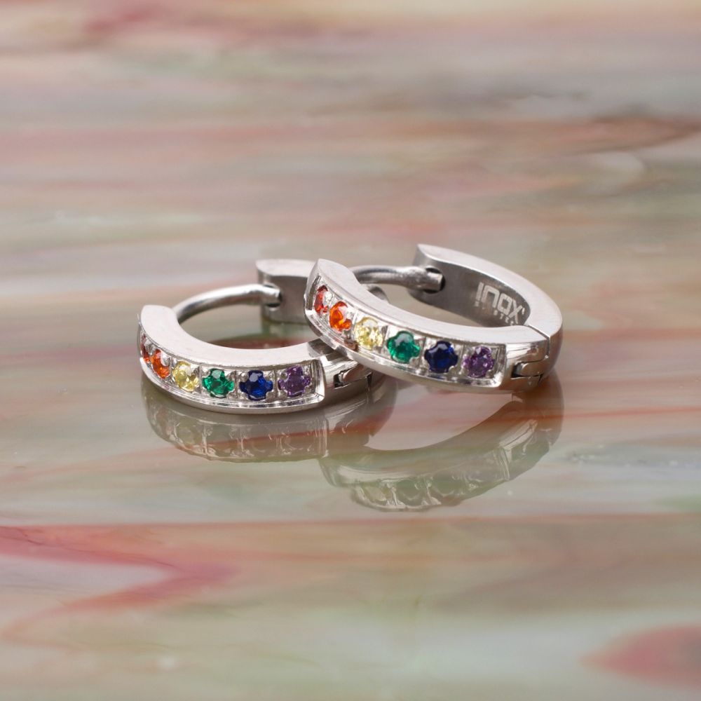 Prong Set Rainbow Round CZ Huggie Earrings