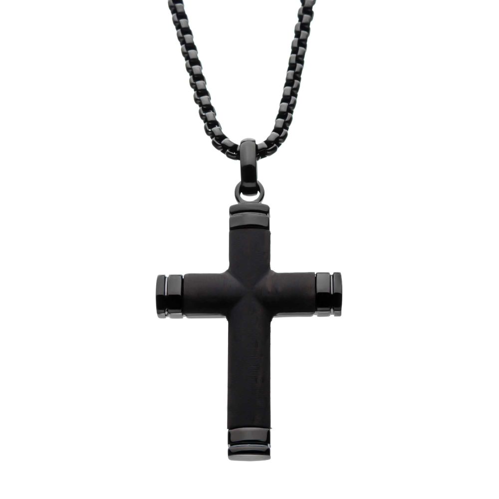Black IP Genuine Ebony Wood Inlayed Cross Pendant