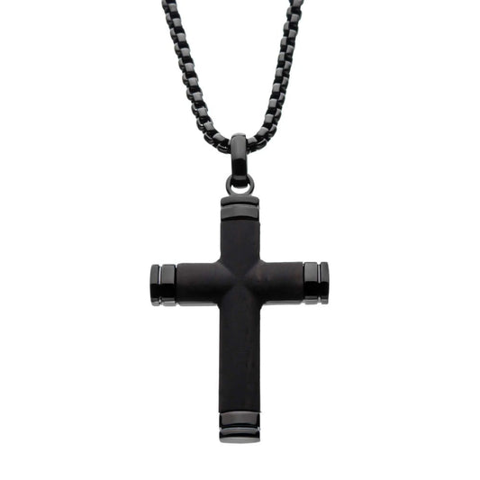 Black IP Genuine Ebony Wood Inlayed Cross Pendant