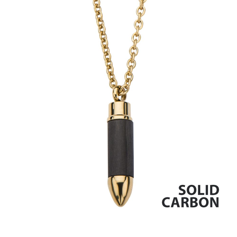 Stainless Steel Gold IP & Carbon Graphite Bullet Pendant with 22 Chain