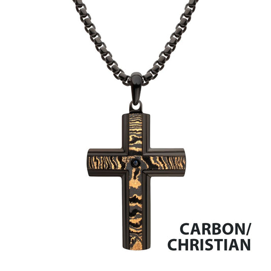 Black IP Solid Copper Carbon Cross Pendant with Black Sapphire & Box Chain