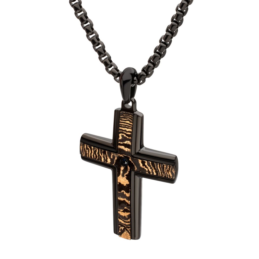 Black IP Solid Copper Carbon Cross Pendant with Black Sapphire & Box Chain