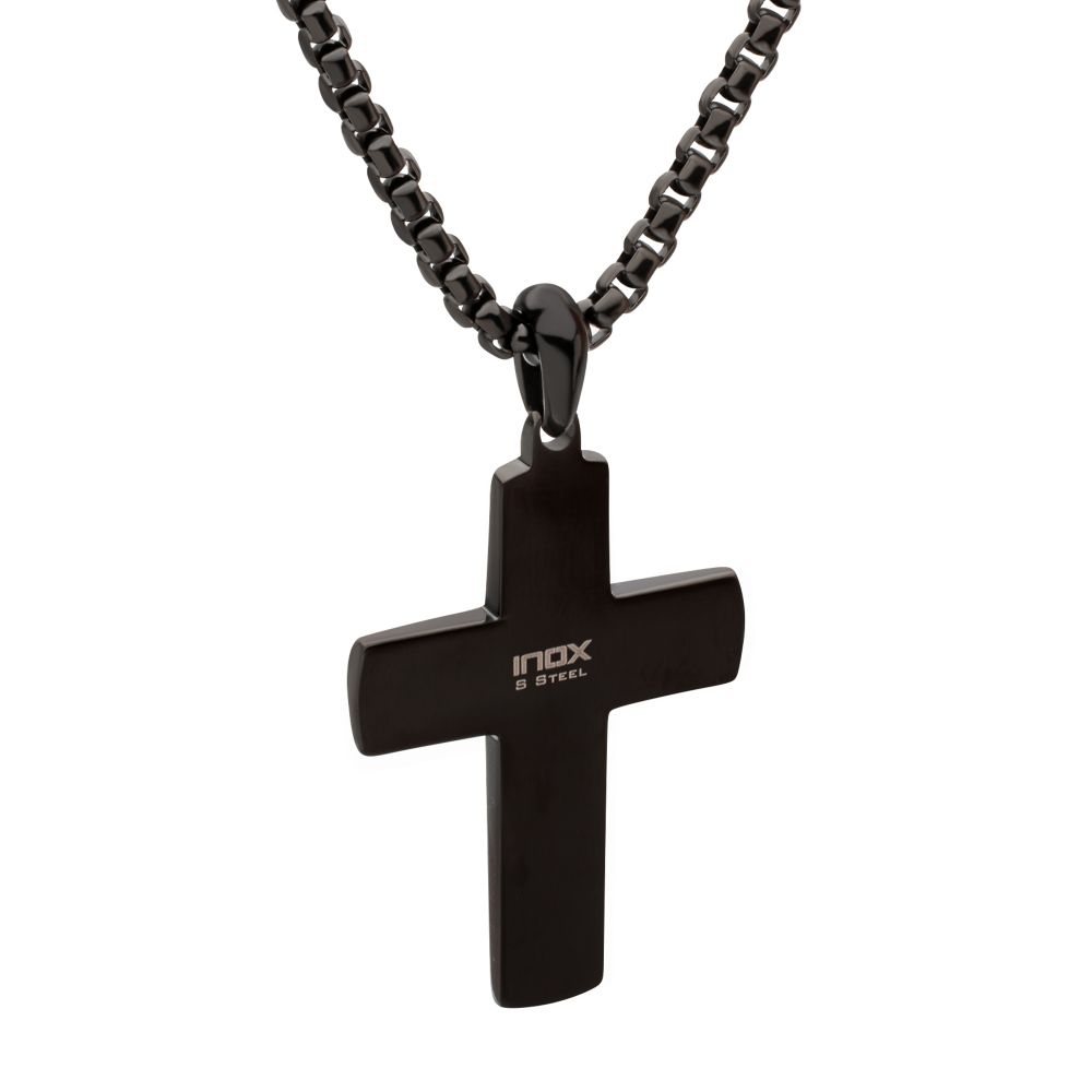 Black IP Solid Copper Carbon Cross Pendant with Black Sapphire & Box Chain