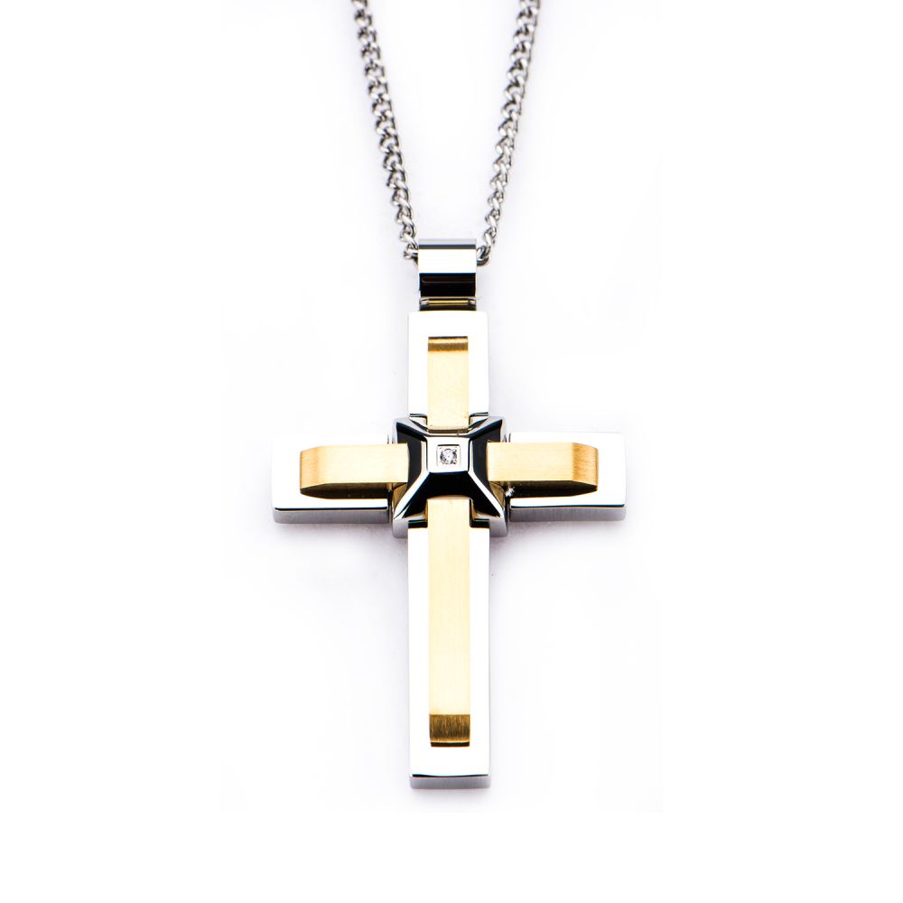 Stainless Steel and Gold IP Two Layer Cross with 3.6m Diamond Cut Pendant Sale Sale