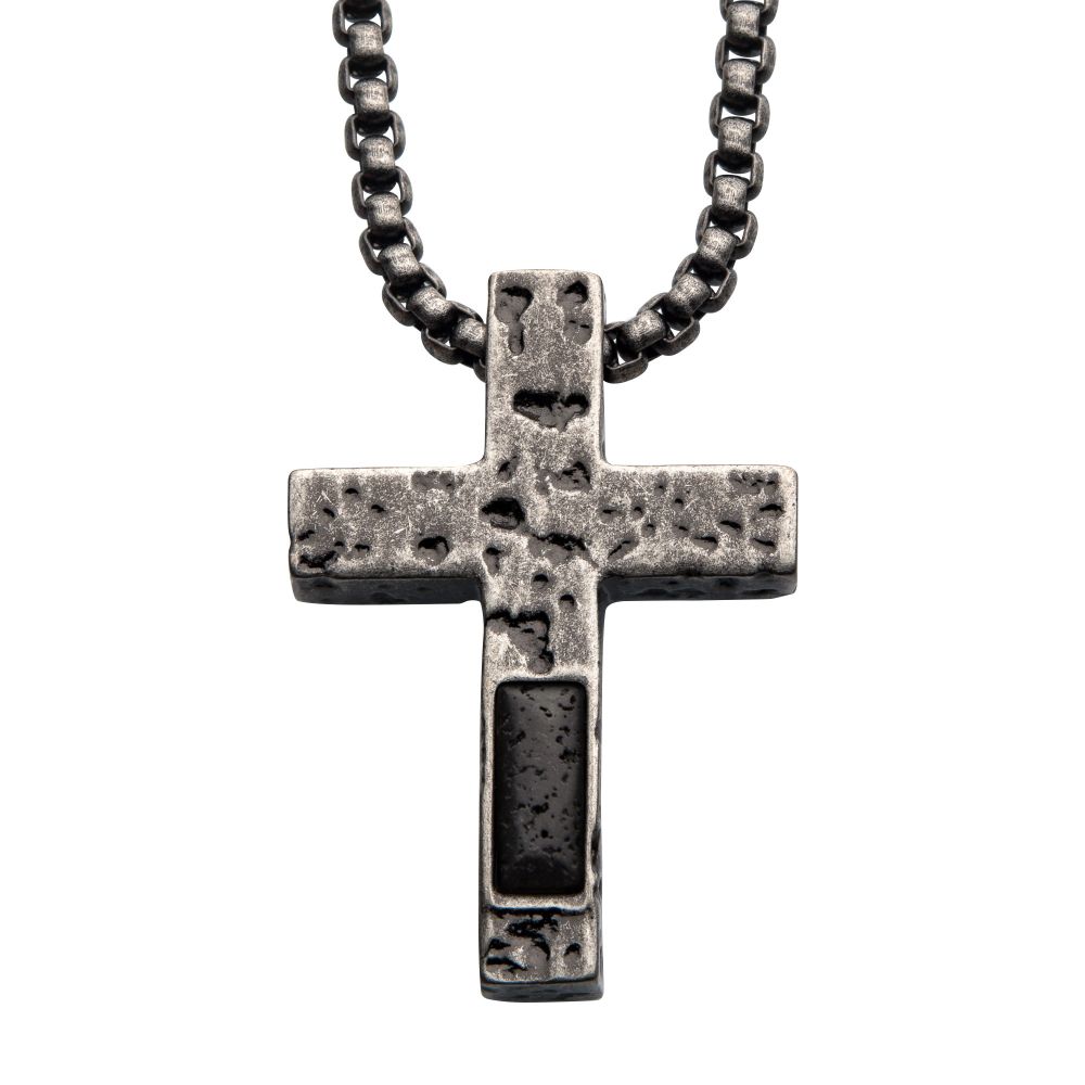 Stainless Steel Silver Plated Cross Pendant with Lava Stone Pendant, with 24 inch long Steel Box Chain Sale Sale