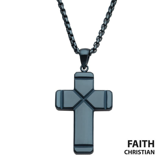 Blue IP Ridged Compact Cross Pendant with Cobalt Blue 24" Box Chain