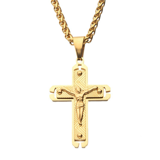 Gold IP Jesus Crucifix Cross Pendant with Gold Wheat Chain