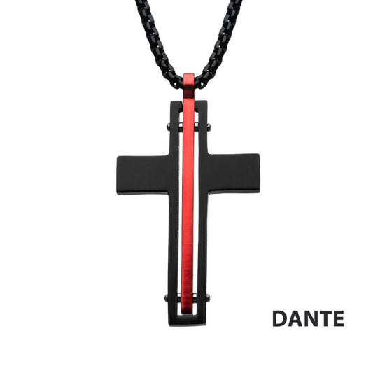 Dante - Black & Red Matte Thin Red Line Cross Pendant with Round Box Chain Sale