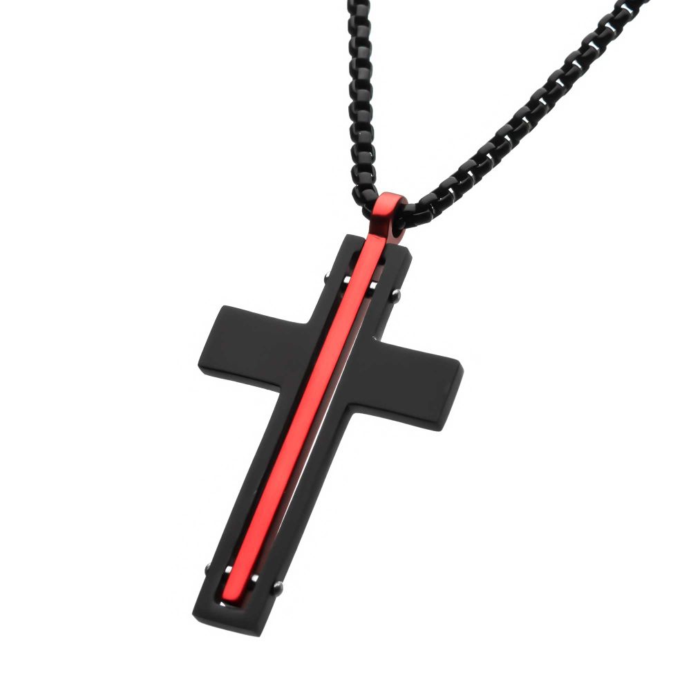 Dante - Black & Red Matte Thin Red Line Cross Pendant with Round Box Chain Sale