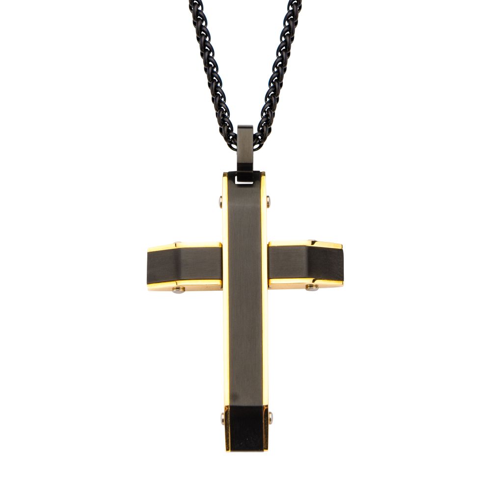 Gold IP and Black IP Cross Pendant with Matte Black Round Wheat Chain Sale