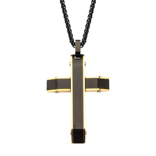 Gold IP and Black IP Cross Pendant with Matte Black Round Wheat Chain Sale