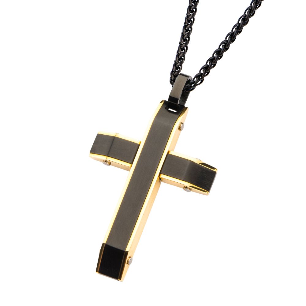 Gold IP and Black IP Cross Pendant with Matte Black Round Wheat Chain Sale